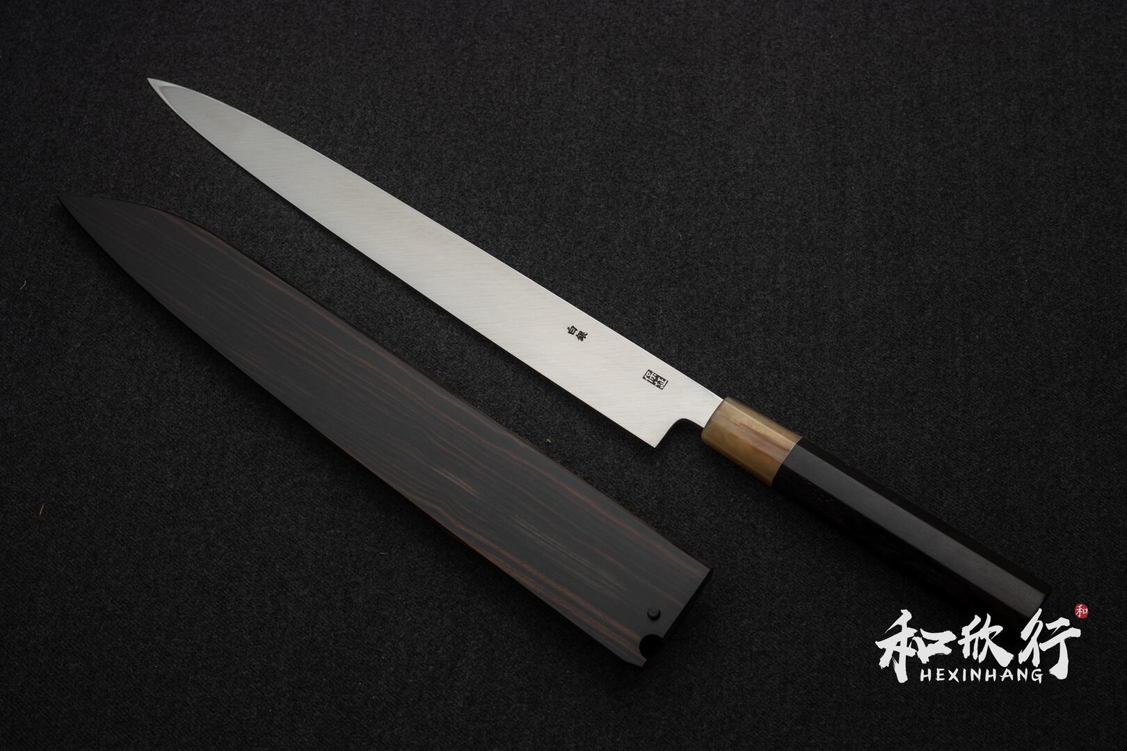 ※年末大セール 郷右馬允義弘造 白銀 霞仕上 柳刃９寸 銀三 マーブルウッド柄 山脇刃物 鄉右馬允義弘作 銀三鋼